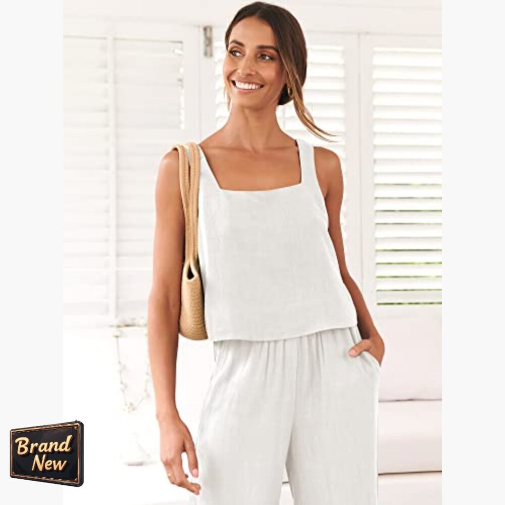 Linen Lounge Set with Wide Leg Pants and Crop Top, Size Medium - Picture 5 of 7